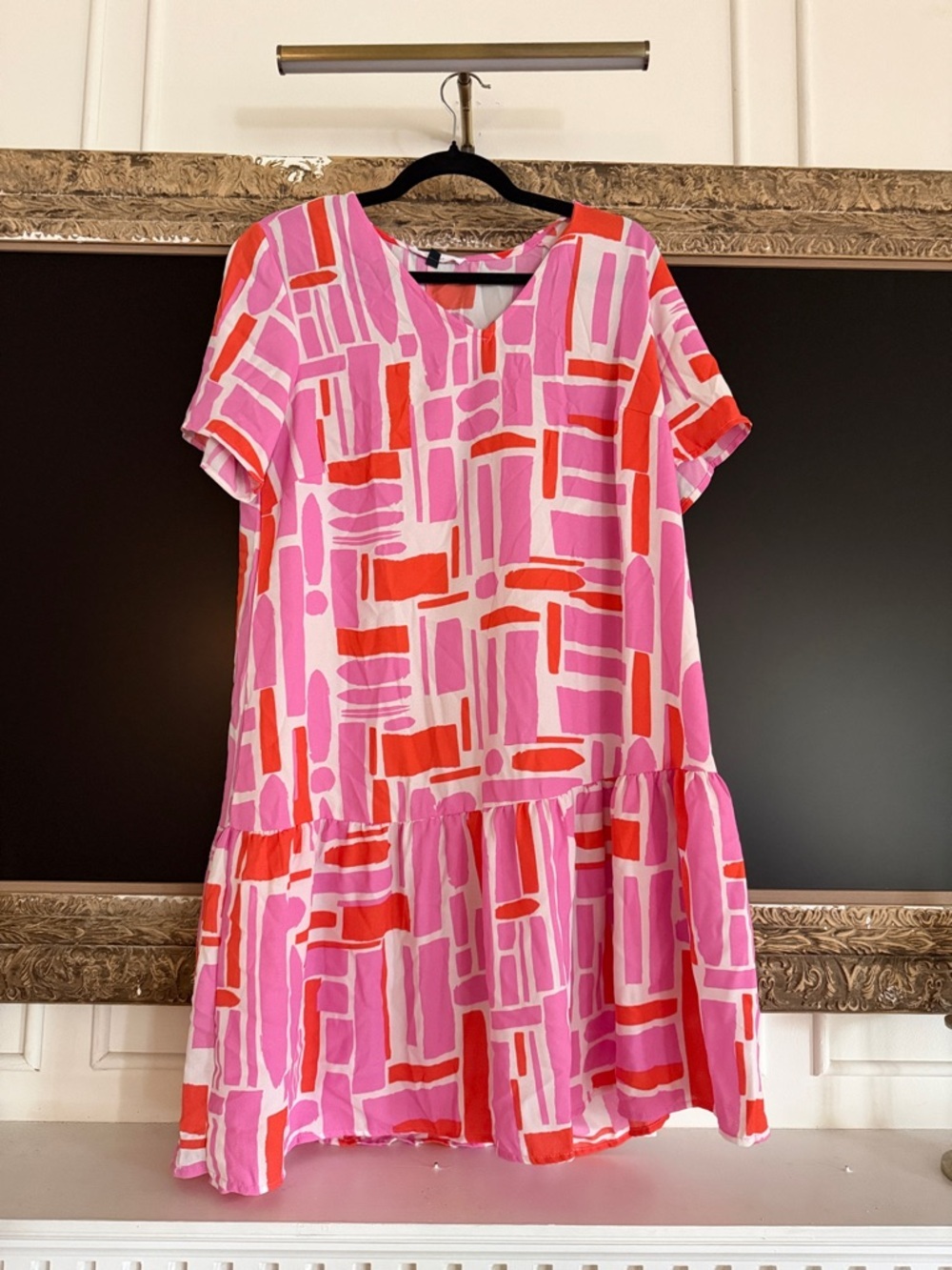 Pink & Red Patterned Short Sleeve Drop-Waist Dress